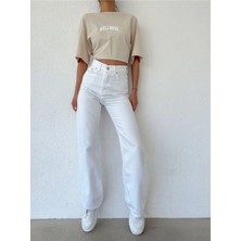 Beeke Kadın Julia Kar Beyaz Süper Yüksek Bel Likralı Bol Paça Denim Kot Pantolon