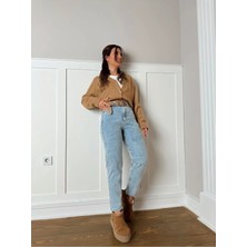 Beeke Lily Kadın Esnek Yüksek Bel Mavi Trend Mom Jeanss