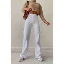 Beeke Kadın Beyaz Jeans Bol Paça Yüksek Bel Palazzo Jean Kot Pantolon