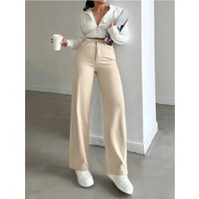Beeke Kadın Jeans Bej Yüksek Bel Salaş Bol Paça Denim Kot Pantolon