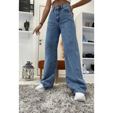 Beeke 90's Kar Yıkama Mavi Likralı Süper Extra Yüksek Bel Palazzo Salaş Jean Pantolon