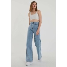 Beeke Marina Kadın Denim Mavi Kar Yıkama Süper Yüksek Bel Salaş Bol Paça Jeans Palazzo Pantolon