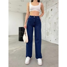 Beeke Leo Lacivert Power Likralı Süper Yüksek Bel Salaş Jeans Palazzo Pantolon