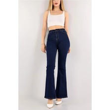 Beeke Kadın Ispanyol Lacivert Kot Yüksek Bel Likralı Flare Jeans Kot Pantolon
