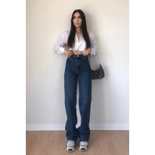 Beeke Kadın Lacivert Yüksek Bel Bol Paça Denim Kot Pantolon Comfort Likralı