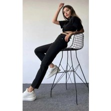 Beeke Yüksek Bel Siyah Mom Kot Pantolon Likralı Solmaz Siyah Ekstra Rahat Mom Jeans