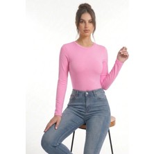 Kadın Pembe Bisiklet Yaka Slim Fit Ultra Soft Yumuşak Esnek Likralı Pamuklu Basic Body&bluz