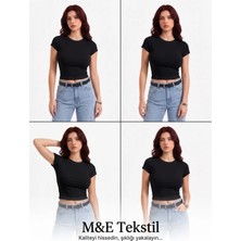 Kadın Siyah Bisiklet Yaka Pamuklu Likralı Kısa Kol Body Crop Bluz