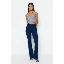 Beeke Flare Women Koyu Mavi Ispanyol Paça Kot Pantolon Yüksek Bel Flare Jeans Toparlayıcı