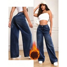 Beeke Adel Kadın 90's Kar Yıkama Koyu Mavi Likralı Süper Yüksek Bel Salaş Jeans Palazzo Kot Pantolon