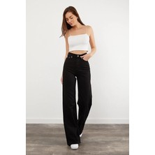 Beeke Siyah Rahat Kalıp Wide Leg Jeans - Salaş Süper Yüksek Belli Likralı Kot Pantolon