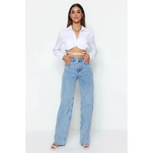 Beeke Mavi Kar Yıkama Likralı Kadın Süper Yüksek Bel Bol Paça Denim Kot Palazzo (1 Beden Büyük Alınız)