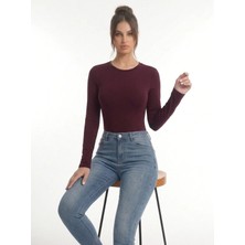 Kadın Bordo Bisiklet Yaka Slim Fit Ultra Soft Yumuşak Esnek Likralı Pamuklu Basic Body&bluz