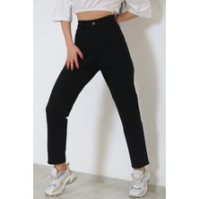 Beeke Kadın Yüksek Bel Boyfriend Mom Jean Boru Paça Düğmeli Kot Pantolon Siyah - 8756