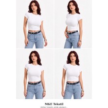 Kadın Beyaz Bisiklet Yaka Pamuklu Likralı Kısa Kol Body Crop Bluz