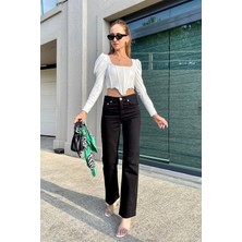 Beeke Enna Bol Paça Süper Yüksek Bel Likralı Solmayan Siyah Jeans