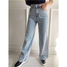 Beeke Follow 90's Kar Yıkama Mavi Likralı Süper Yüksek Bel Salaş Jeans Palazzo Pantolon