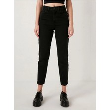 Beeke Yüksek Bel Likralı Siyah Boyfriend Jeans Esnek Mom Kot Pantolon