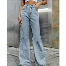 Beeke Caar 90's Kar Yıkama Mavi Likralı Süper Yüksek Bel Salaş Jeans Palazzo Pantolon