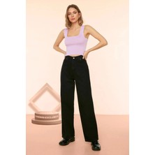 Beeke Nya Kadın Salaş Solmayan Siyah Süper Yüksek Bel 90S Wide Leg Comfort Likralı Palazzo Jeans