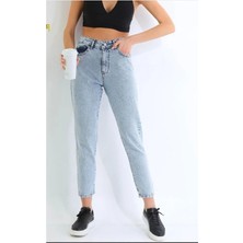Beeke Isabella Zero Max Kadın Yüksek Bel Mavi Mom Jeans Likralı Kot Pantolon