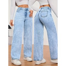Beeke Alessi Kadın Buz Kar Mavi Palazzo Jeans Likralı Süper Yüksek Bel Salaş Denim Kot Pantolon