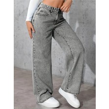 Beeke Kayla Gri Süper Yüksek Bel Wide Leg Jeans Likralı Salaş Paça Denim Kot Pantolon