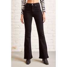 Beeke Kadın Siyah Yüksek Bel Ispanyol Paça Solmayan Jeans Kot Pantolon