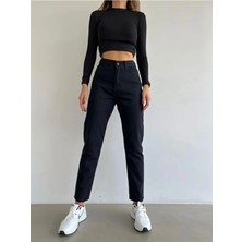 Beeke Yüksek Bel Likralı Siyah Boyfriend Jeans Esnek Mom Kot Pantolon (Tam Kalıptır)
