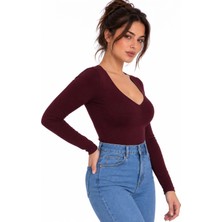 M&e Tekstil Kadın Bordo V Yaka Uzun Kollu Slim Fit Pamuklu Ultra Soft Likralı Kumaş Basic Bluz