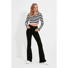 Beeke Siyah Ispanyol Paça Kot Pantolon Yüksel Bel Flare Jeans Toparlayıcı (Likralı)Jean