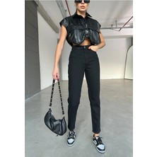 Beeke Maria Kadın Siyah Süper Yüksek Bel Comfort Likralı Mom Kot Pantalon Jeans (Tam Kalıptır)