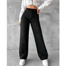 Beeke Solmaz Siyah Likralı Bol Paça Jean - Salaş Wide Leg Kot Pantolon (Süper Yüksek)