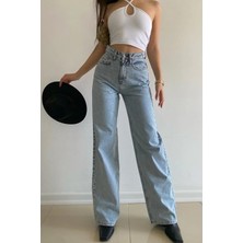 Beeke Tommy 90's Açık Kar Yıkama Mavi Likralı Süper Yüksek Bel Salaş Jeans Palazzo Pantolon 2024