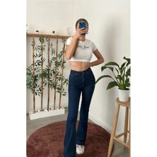 Beeke Lina Koyu Mavi Ispanyol Paça Jeans Yüksek Bel Power Likra Kot Pantolon