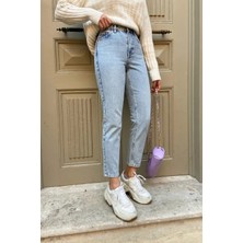 Beeke Yüksek Bel Likralı Mavi Kar Yıkama Boyfriend Jeans Esnek Mom Kot Pantolon