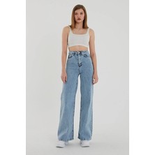 Beeke Salaş Açık Mavi Asit Kar Yıkama Süper Yüksek Bel Wide Leg Comfort Likralı Palazzo Jeans(Tam Kalıp)