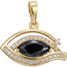 Zeino Siyah Zirkon Taşlı Göz Figürlü Kolye Ucu - 14K Altın Kaplama - 19 x 19 mm