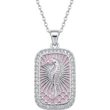 Zeino Denizatı Figürlü Pembe Mineli Zirkon Taşlı Çelik Kolye Ucu - Gümüş Rengi Kaplama - 13 x 26 mm - (39+5 cm Çelik Zincir Hediyeli)