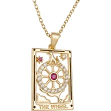 Zeino Kader Çarkı Tarot Kartı Çelik Kolye Ucu - Altın Rengi Kaplama - 15 x 26 mm - (39+5 cm Çelik Zincir Hediyeli)