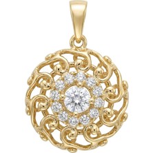 Zeino Otantik Motifli Beyaz Zirkon Taşlı Kolye Ucu - 14K Altın Kaplama - 15 x 22 mm