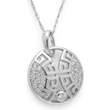 Zeino Grek Desenli Zirkon Taşlı Kolye Ucu - Beyaz Altın Kaplama - 16 x 21 mm - (45 cm Zincir Hediyeli)