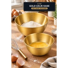 Viracasa 2'li Gold Çelik Karıştırma Kasesi 1000 ml 1400 ml Ölçü Çizgili Paslanmaz Çelik Kase