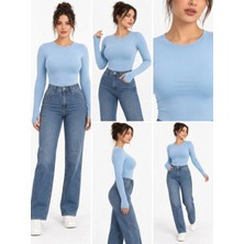 M&e Tekstil Kadın Bebe Mavi Bisiklet Yaka Uzun Kollu Parmak Geçmeli Body Bluz