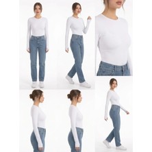 M&e Tekstil Kadın Beyaz Bisiklet Yaka Uzun Kollu Parmak Geçmeli Body Bluz