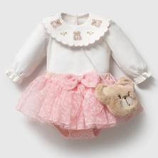 Bebeva Baby Kız Bebek Peluş Ayı Çantalı Fisto Yakalı Tüllü Kombin Takım