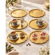 Sunvera Çelik Gold Dalgalı Yuvarlak Çay Kahve Sunum Tepsisi 24X24 cm 6 Adet