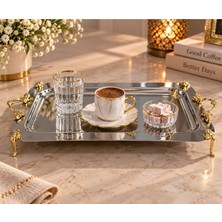 Sunvera Çelik 1 Adet 18X33 cm Paslanmaz Çelik Kahve Sunum Tepsisi – Parlak Gümüş Tepsi, Gold Kulp ve Gold Ayak Detaylı