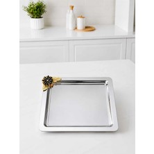 Sunvera Çelik 6'lı Kare Paslanmaz Çelik Sunum Tepsisi 22X22 cm Siyah Çiçek Aksesuarlı Gümüş Aynalı Kahve Çay Lokum Çikolata Servis Tepsisi Lüks Dekoratif Tepsi Seti