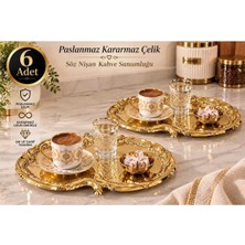 Sunvera Çelik 6 Adet Gold Kahve Sunumluğu – Işlemeli Lüks Türk Kahvesi Sunum Tepsi, Çikolata ve Ikram Servis Tepsisi, Söz Nişan Sunum Seti